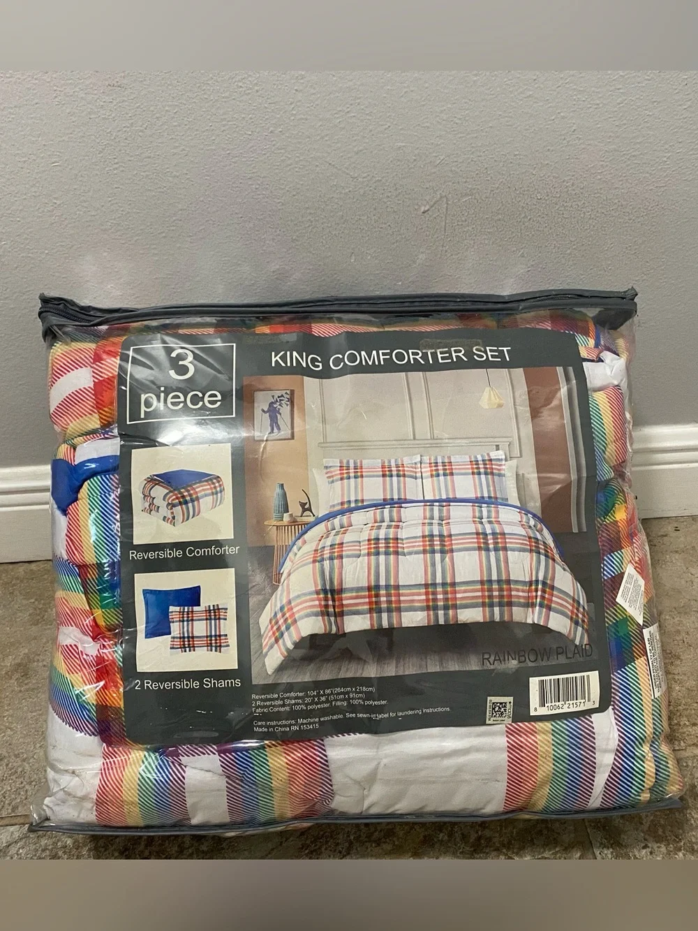 3-Piece King Comforter Set - Rainbow Plaid Reversible NEW
